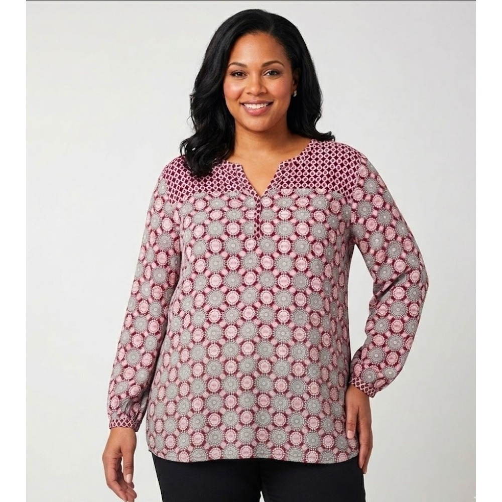 Cato Woman Burgundy Medallion Print Long Sleeve Blouse Plus Size 26 / 28